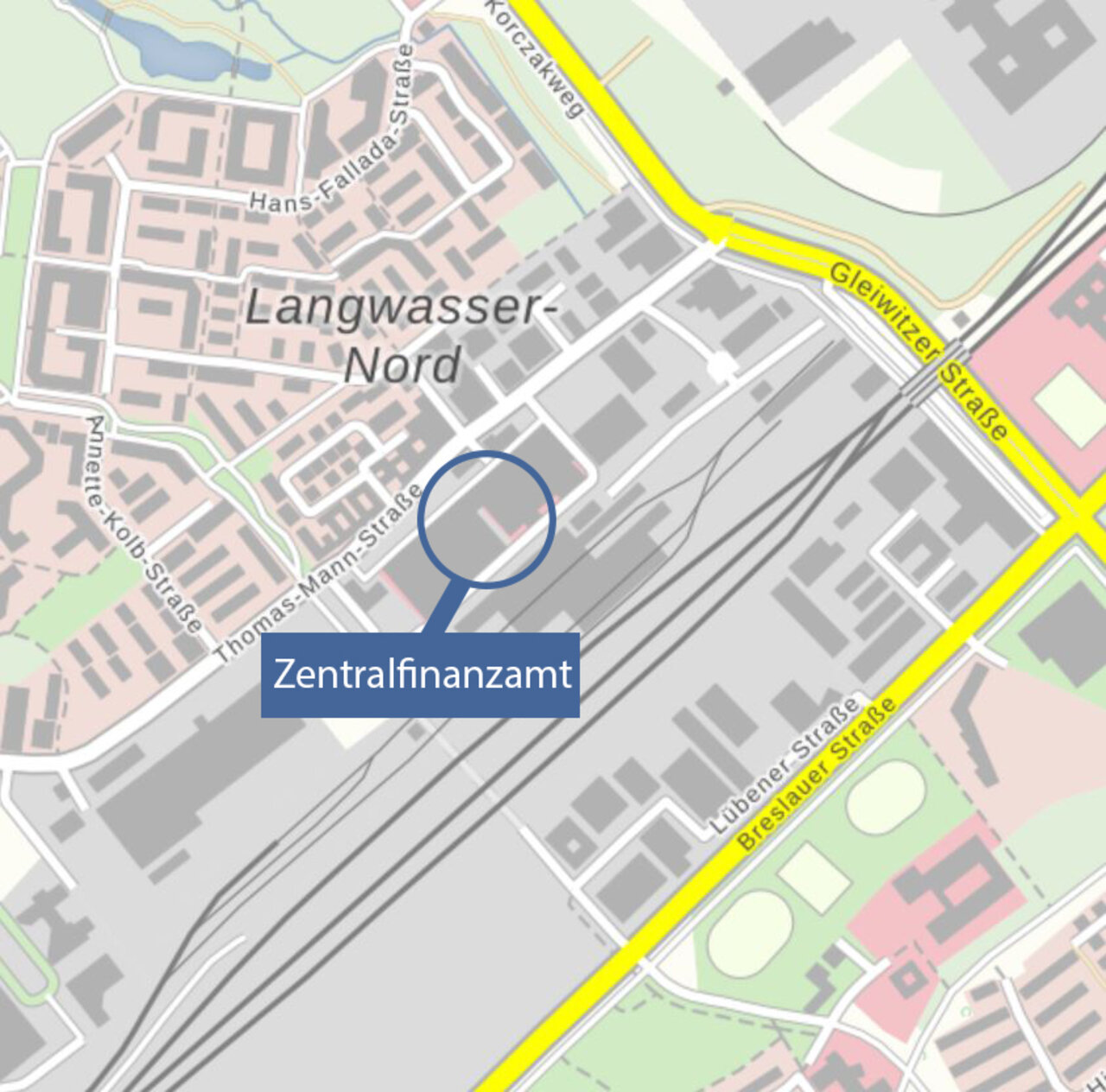  Lageplan Thomas-Mann-Straße mit Markierung des Zentralfinanzamts